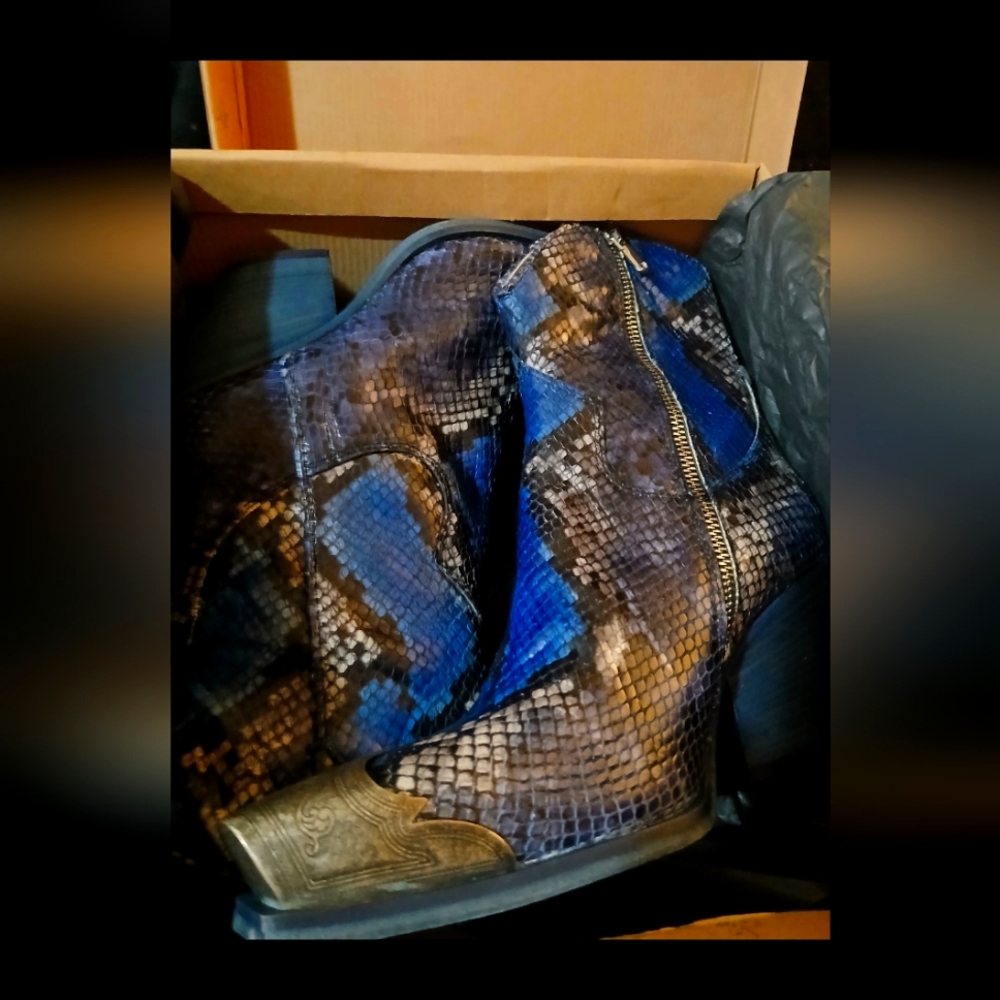 Free People Real Snake Skin Black and Blue Ankle Boots with Western Flair